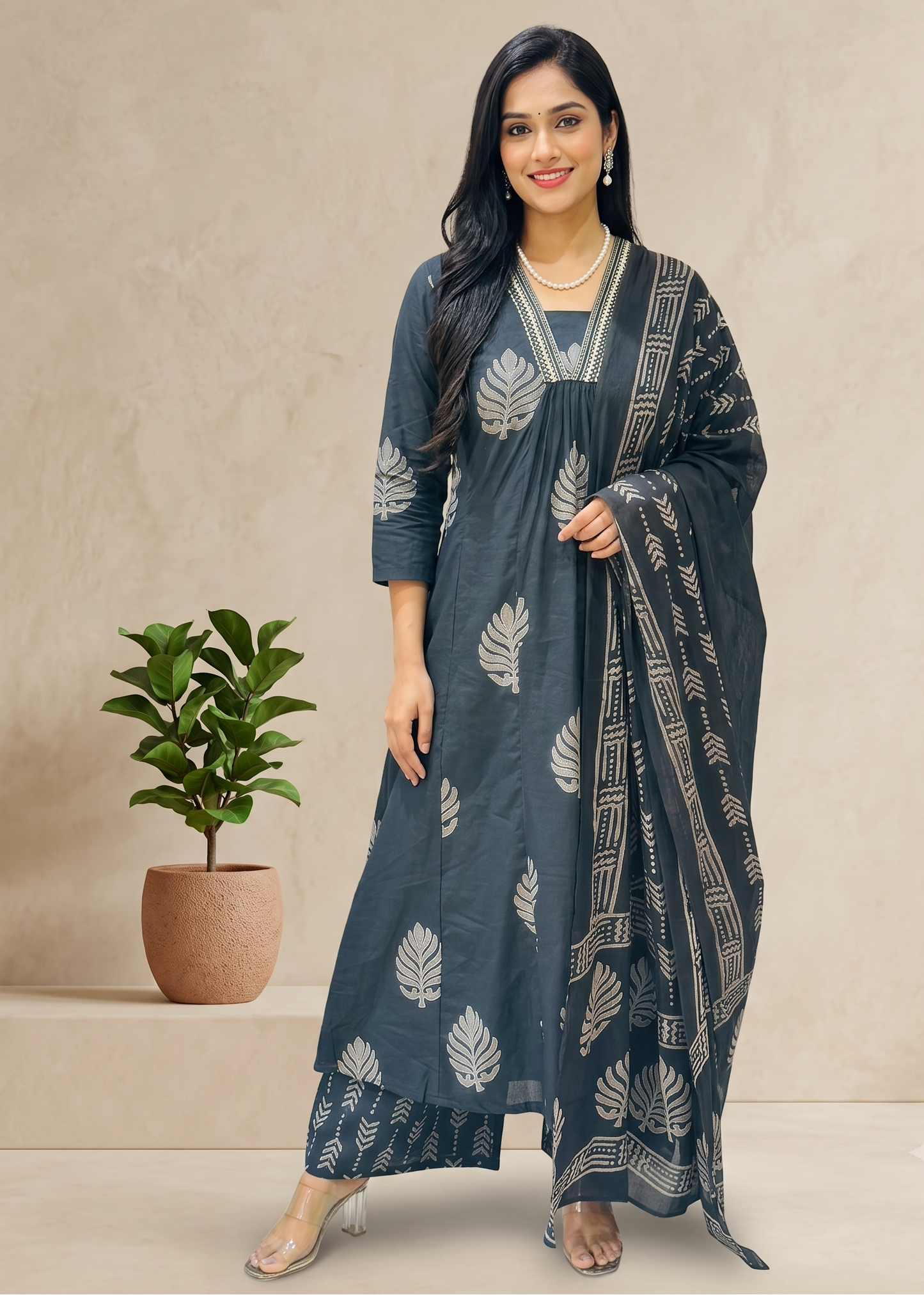 Black Neelam A line  Block print Cotton Suit Set