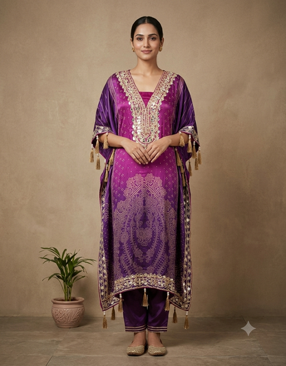 Purple Urvi Crepe Kaftan set - set of 2