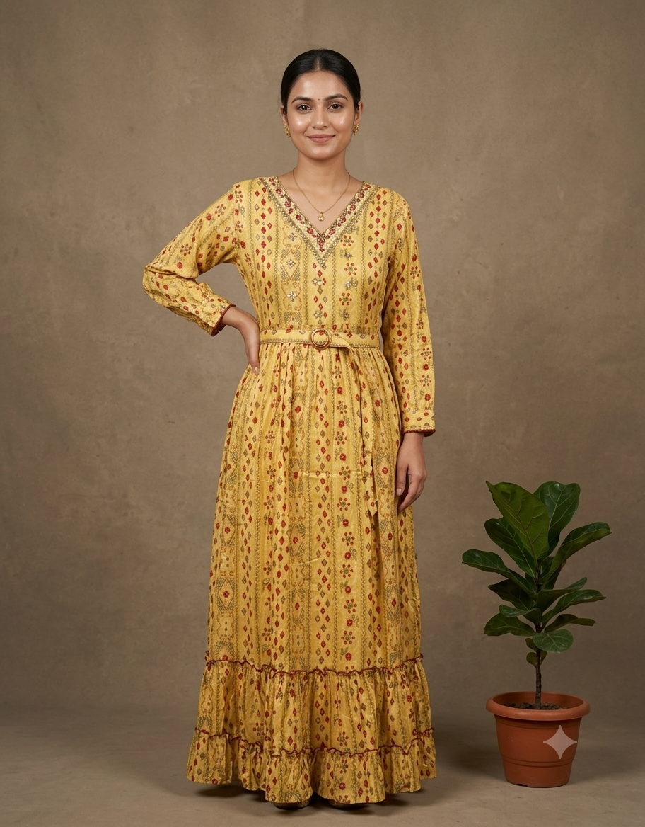 Yellow Sunray Cotton Dress with Belt