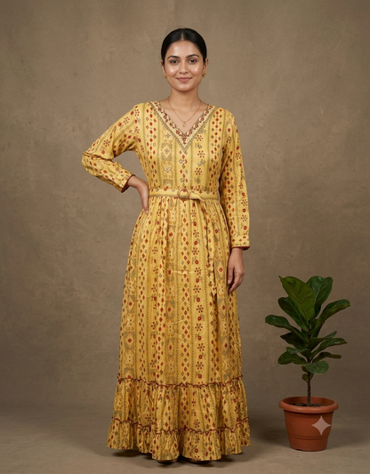 Yellow Sunray Cotton Dress with Belt