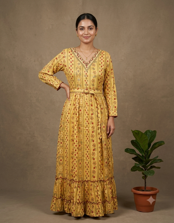 Yellow Sunray Cotton Dress with Belt