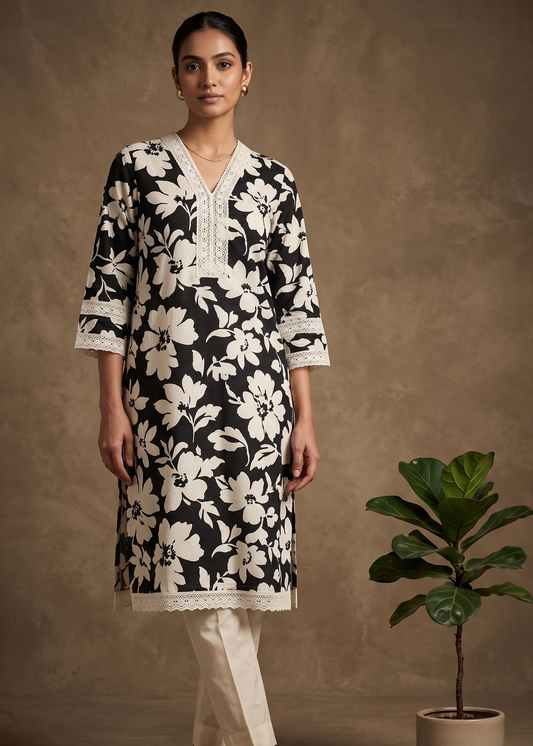 Black  and white Flroral Flex cotton Printed kurta