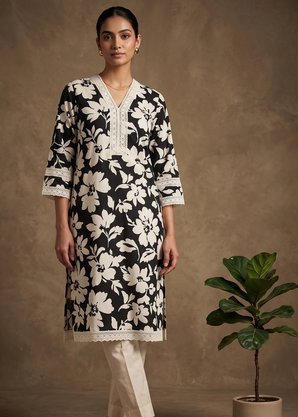 Black  and white Flroral Flex cotton Printed kurta