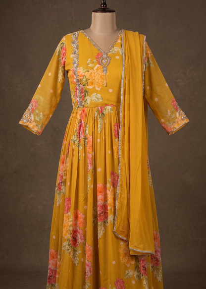 Yellow Visra Floral Chinon Silk Gown With Dupatta