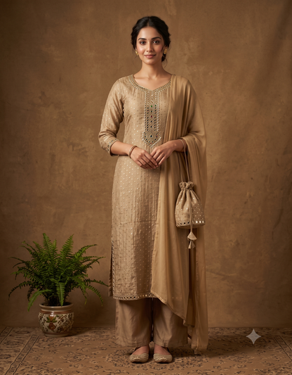 Gold Mehak Brocade Tissue Phiran suit set - set of 4