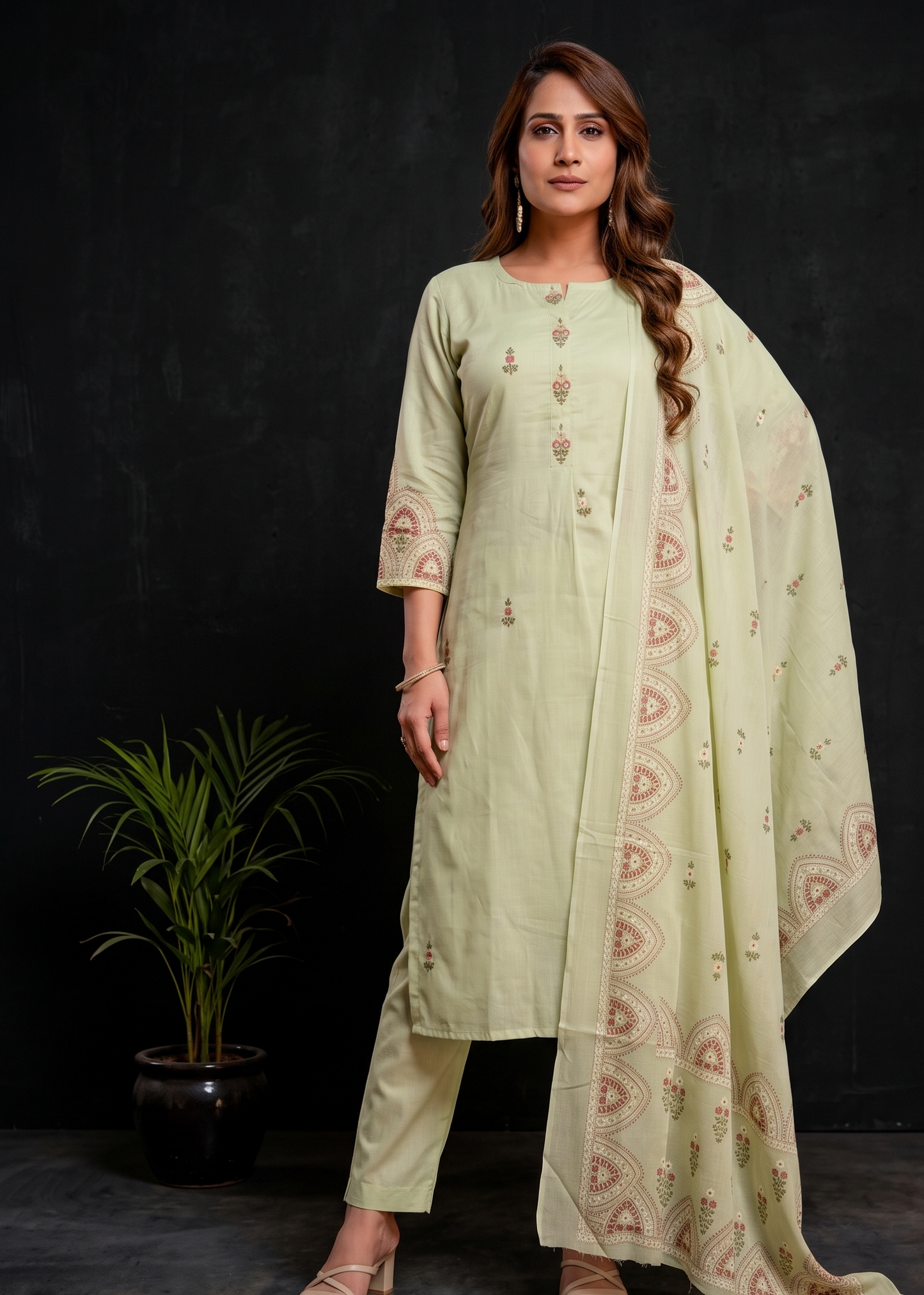 Pista Green Mul cotton printed Suit Set With Dupatta -set of 3