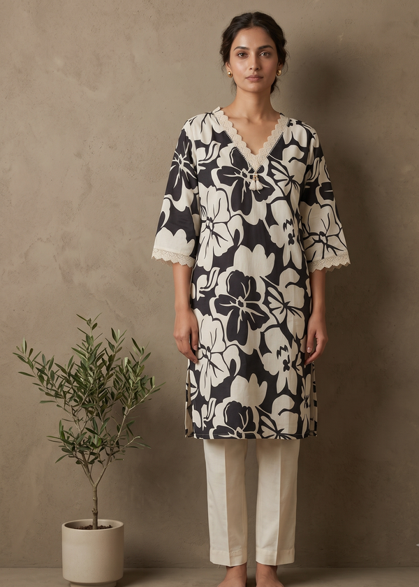Black  and white Flroral Flex cotton Printed kurta