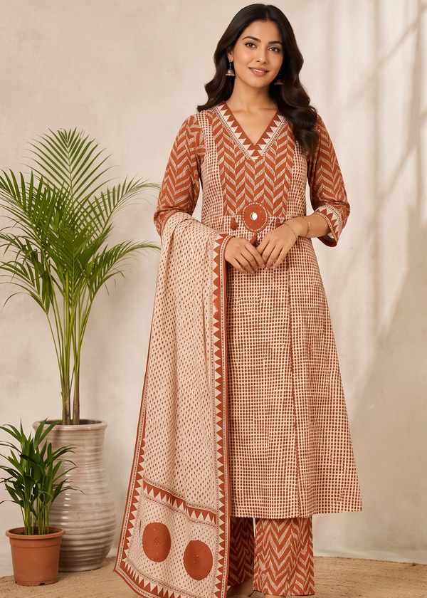 Rust A-Line Suit Set With Dupatta - set of 3