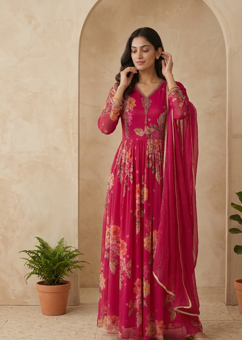 Pink Visra Floral Chinon Silk Gown With Dupatta