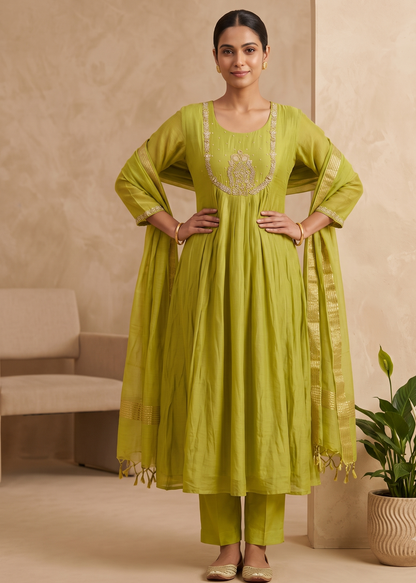 Green Tanvi Mulchanderi Silk A-LINE suit set-3