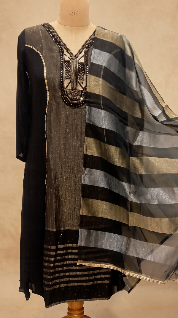 Black Mahima Chinon Silk Anarkali Suit Set- Set of 3