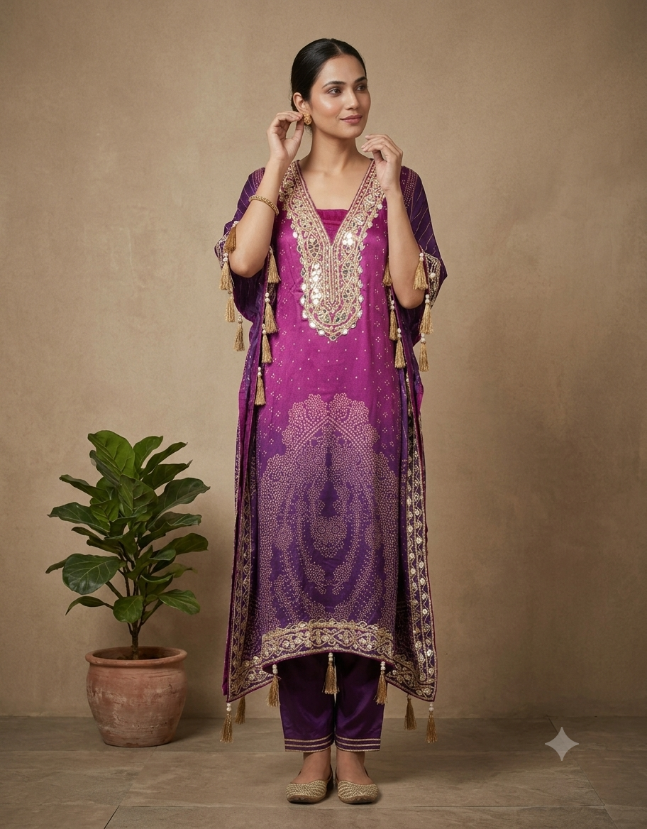 Purple Urvi Crepe Kaftan set - set of 2
