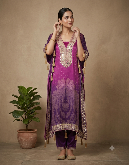Purple Urvi Crepe Kaftan set - set of 2