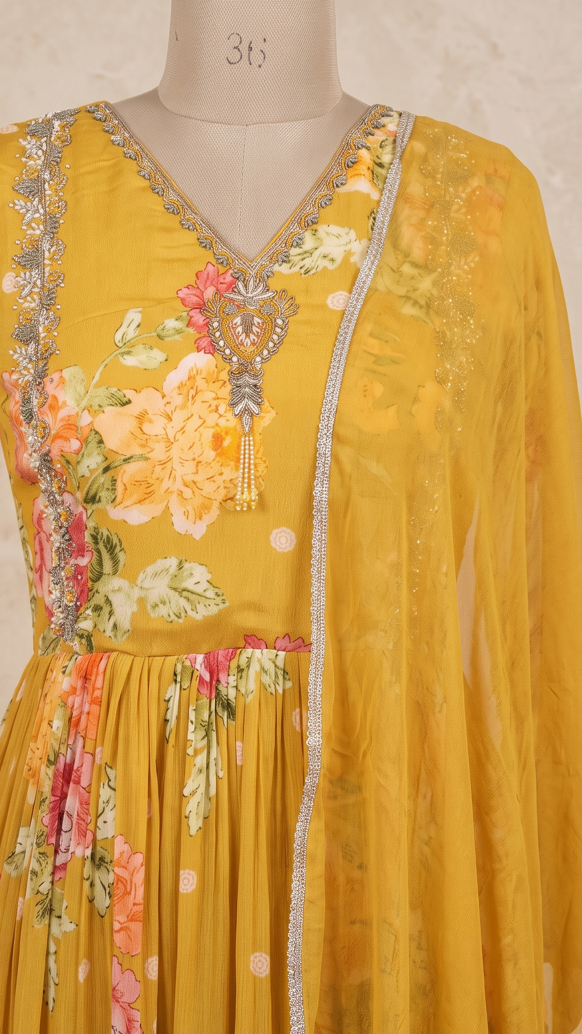 Yellow Visra Floral Chinon Silk Gown With Dupatta