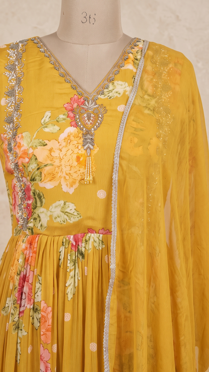 Yellow Visra Floral Chinon Silk Gown With Dupatta