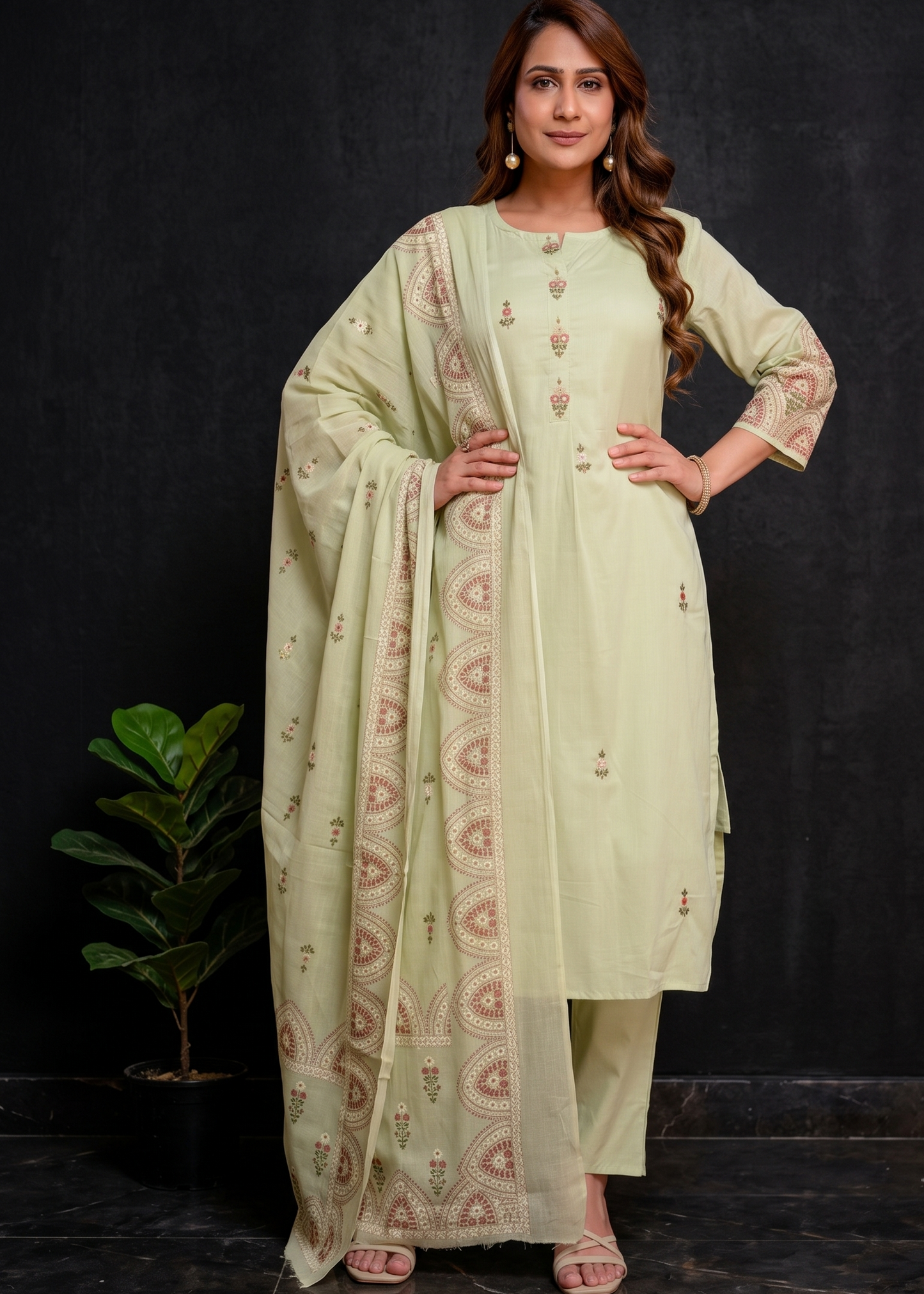 Pista Green Mul cotton printed Suit Set With Dupatta -set of 3