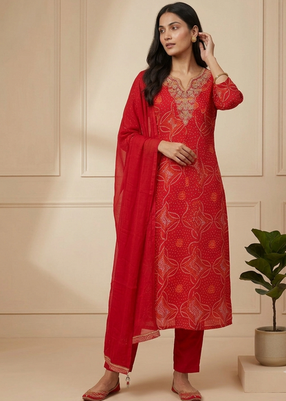 Red Nithya Bandani Print Partywear Suit Set With Dupatta
