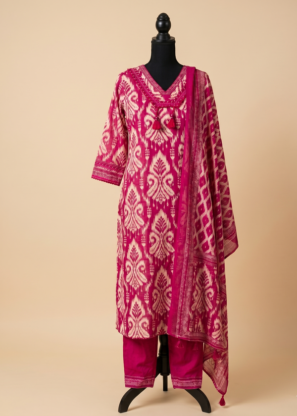 Pink Prisha Ikkat print cotton suit set