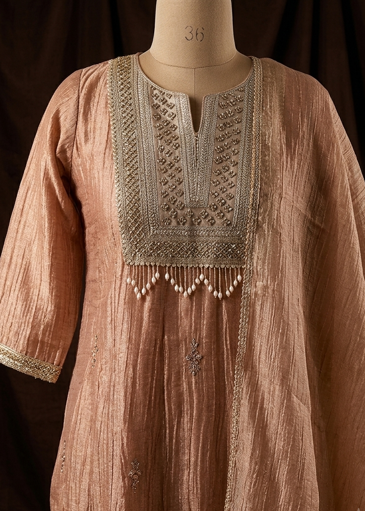 Rose Gold Dish Suit Set With Dupatta- Set of 3