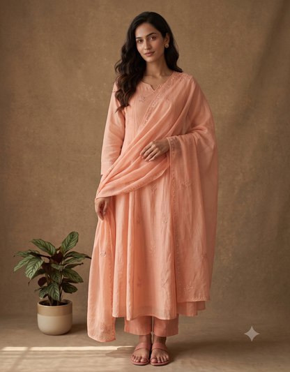 Peach Ridha Mul Chanderi A line Anarkali - set of 3