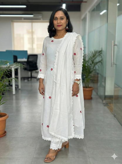 White Jessi Chanderi A Line suit set -  Set of 3