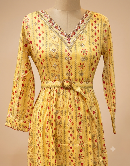 Yellow Sunray Cotton Dress with Belt