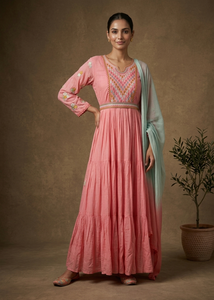 Peachish Pink Mulcotton Nyra Cut Suit set - set of 3
