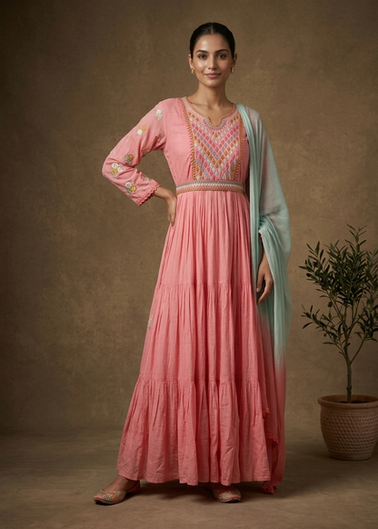 Peachish Pink Mulcotton Nyra Cut Suit set - set of 3