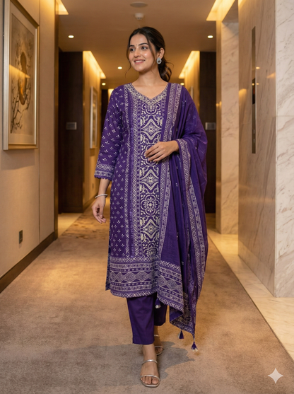 Purple Reena Silk C-cut Suit set - Set of 3