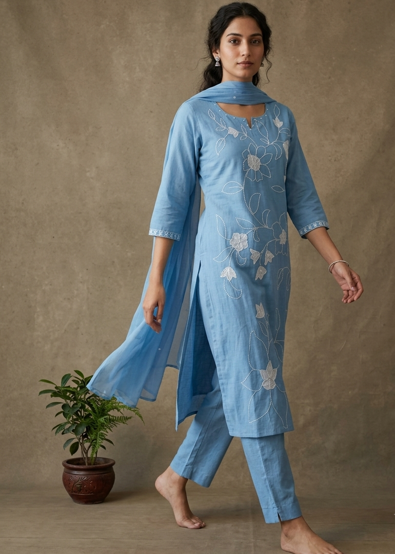 Sky Blue Slub Cotton Suit Set With Dupatta -Set of 3
