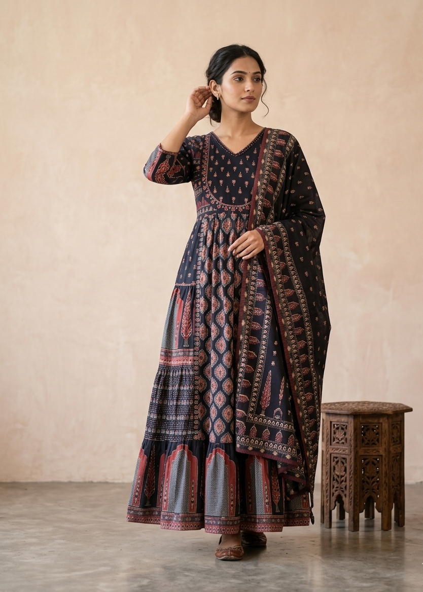 Black Nia Cotton Anarkali Suit set