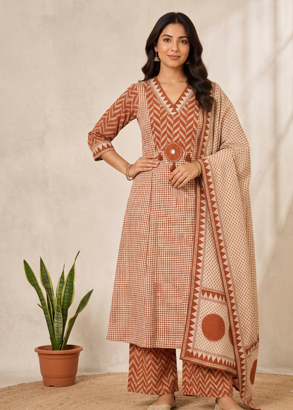 Rust A-Line Suit Set With Dupatta - set of 3