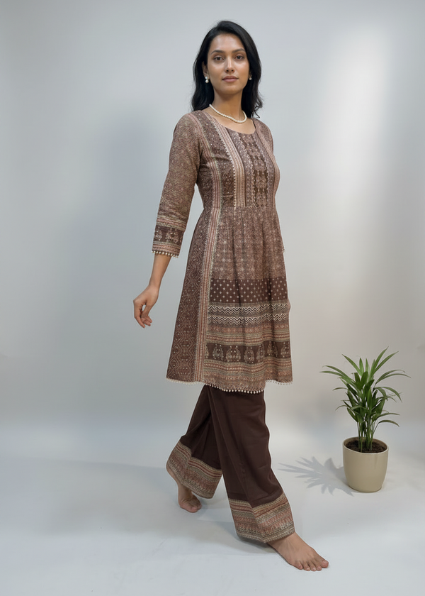 Brown Miral Crepe Short Anarkali -Set of 3