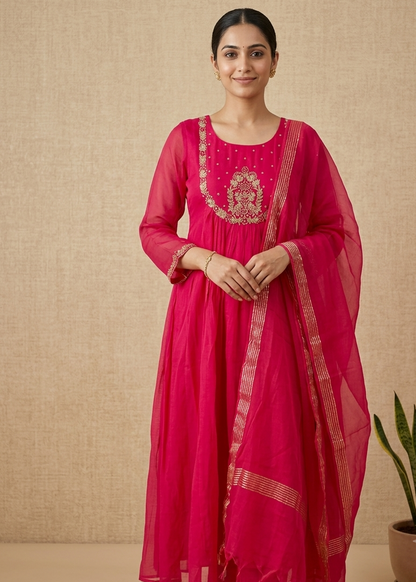 Pink Tanvi Mulchanderi Silk A-LINE suit set-3