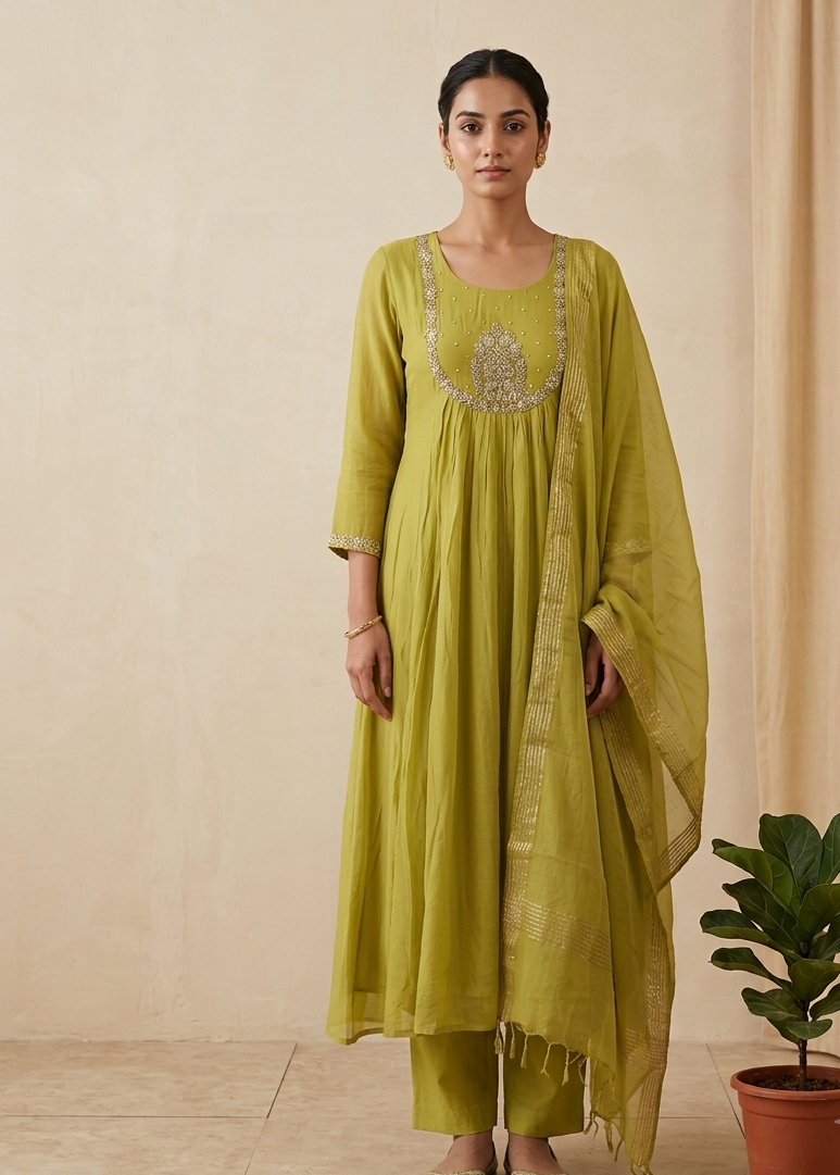 Green Tanvi Mulchanderi Silk A-LINE suit set-3