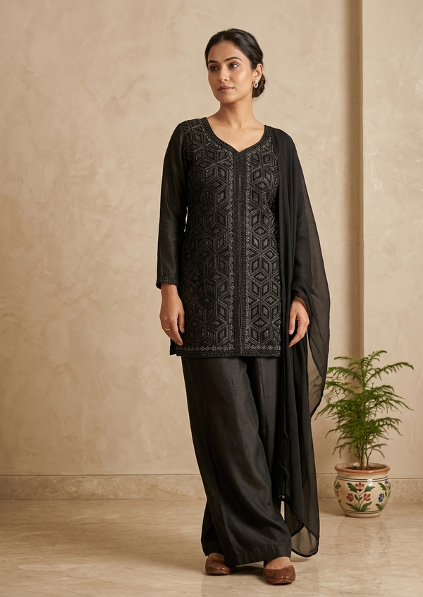 Zeba Black silk designer Sharara set