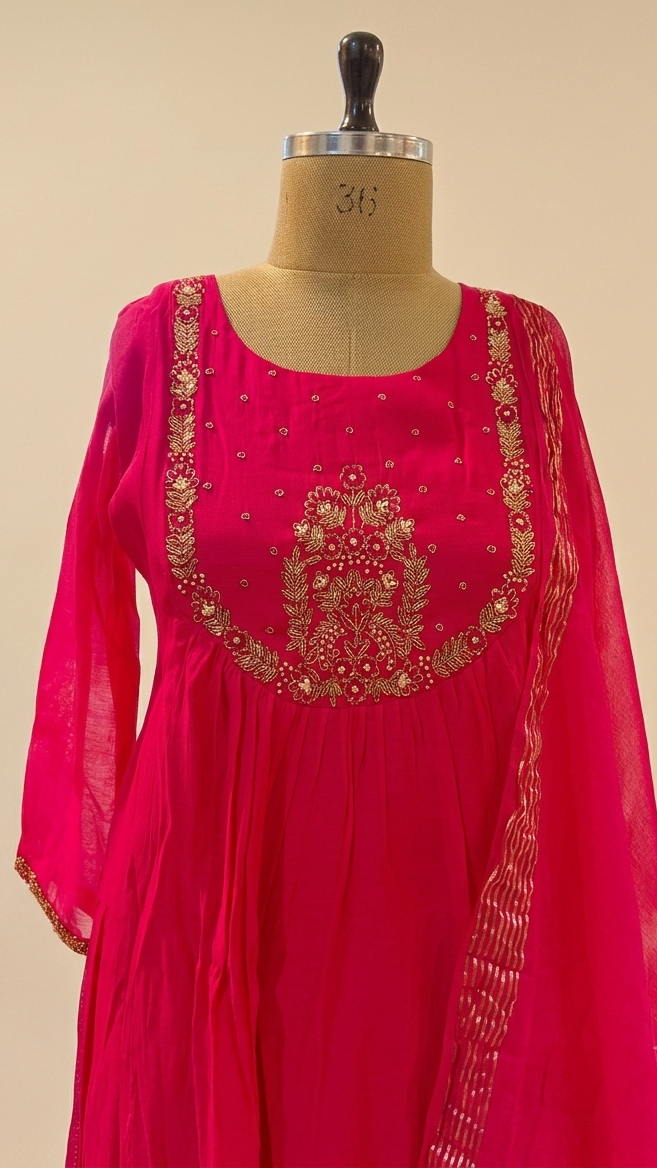 Pink Tanvi Mulchanderi Silk A-LINE suit set-3
