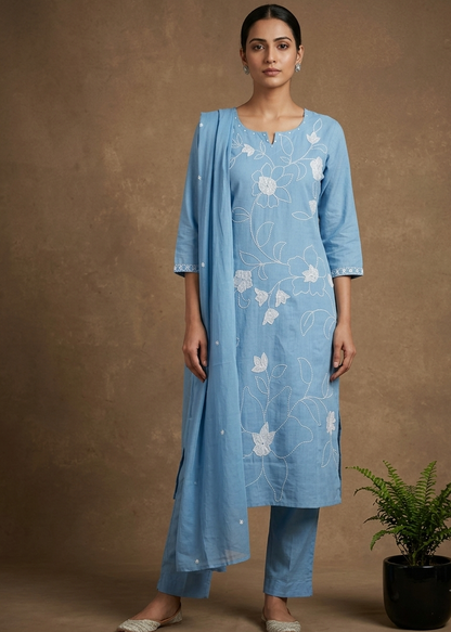 Sky Blue Slub Cotton Suit Set With Dupatta -Set of 3
