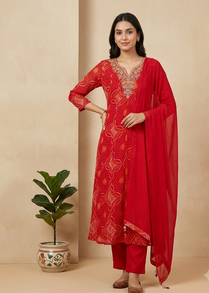 Red Nithya Bandani Print Partywear Suit Set With Dupatta