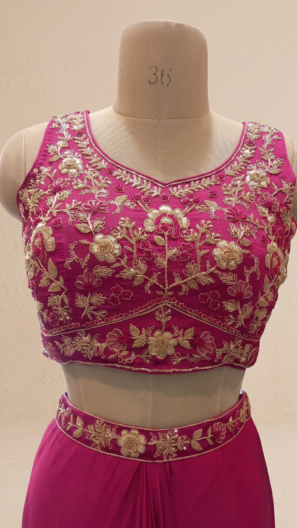 Magenta Indo western Skirt Crop-Top And Jacket