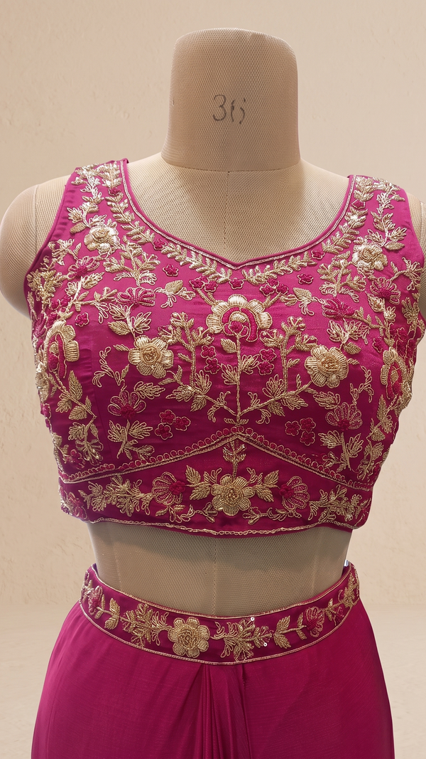 Magenta Indo western Skirt Crop-Top And Jacket