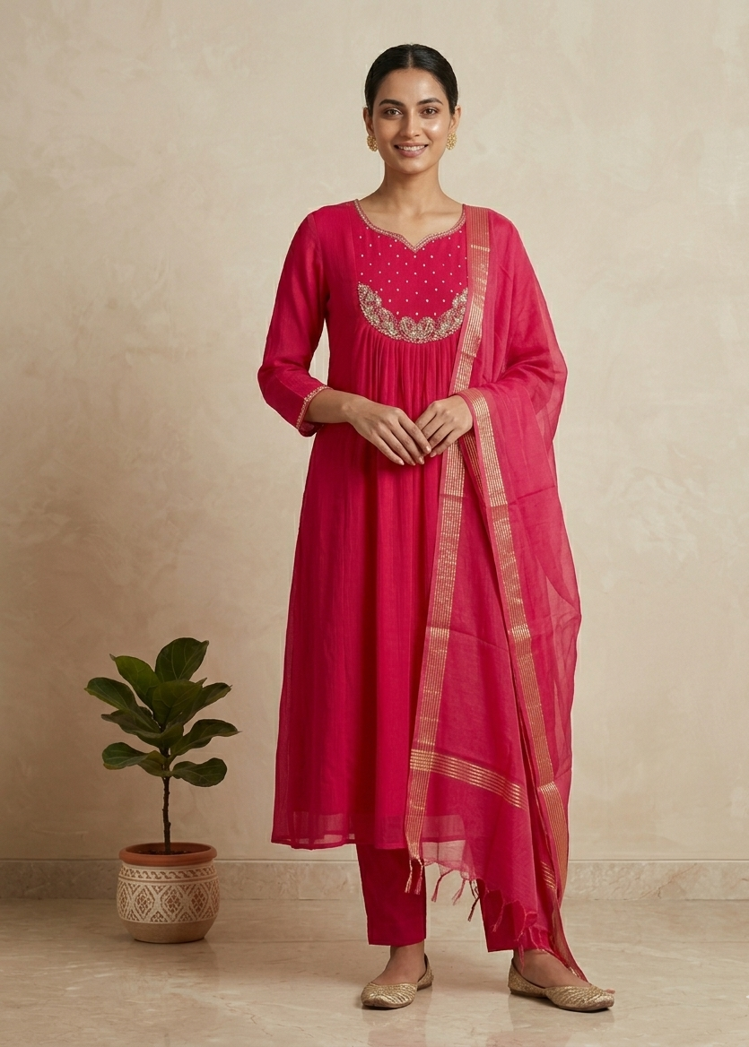 Pink Tanvi Mulchanderi Silk A-LINE suit set-3