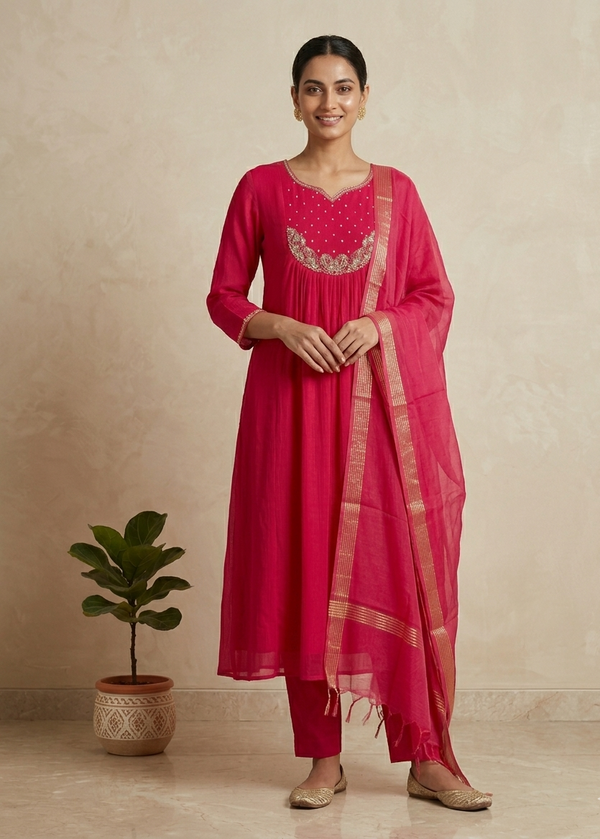 Pink Tanvi Mulchanderi Silk A-LINE suit set-3