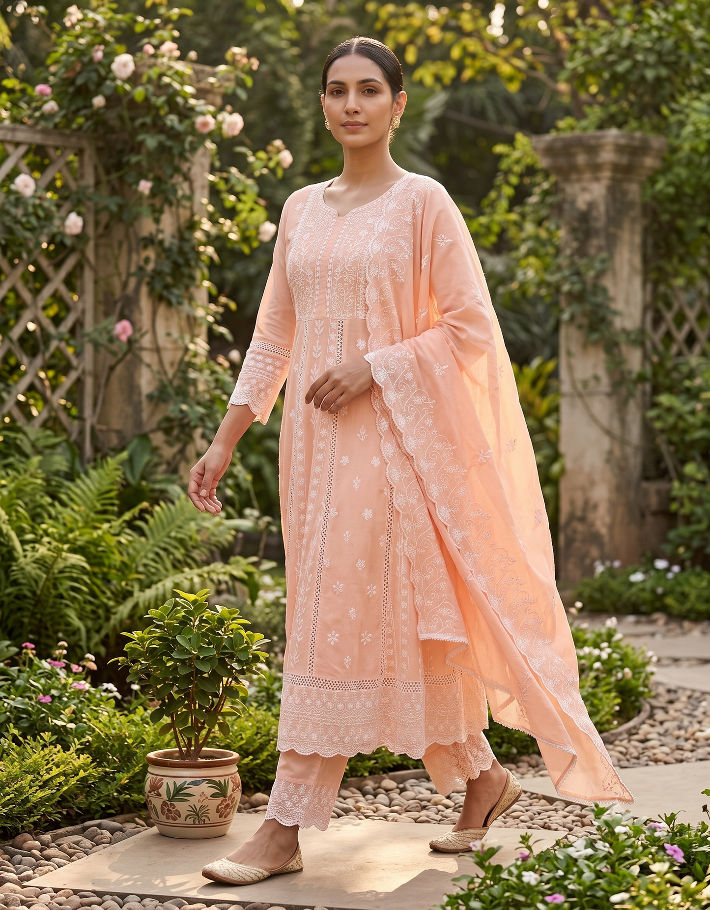 Peach Mysha Mul Cotton Chikankari Anarkali Suit Set