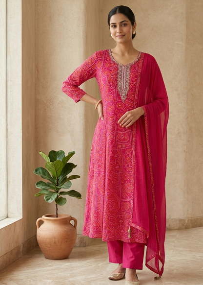 Pink Nithya Bandani Print Partywear Suit Set With Dupatta