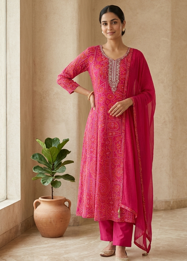 Pink Nithya Bandani Print Partywear Suit Set With Dupatta