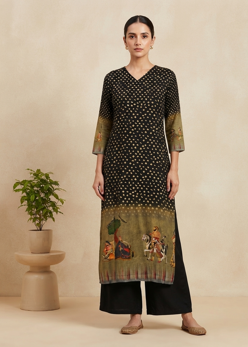 Black Brunda Soft Muslin Pichwai Prints Kurta Bottom
