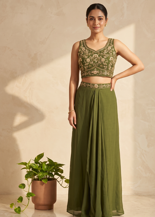 Green Indo western Skirt Crop-Top And Jacket