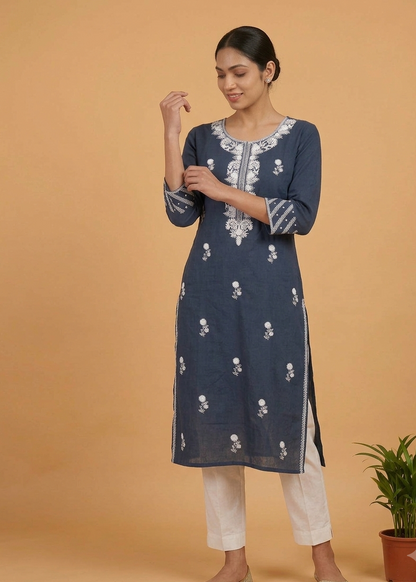 Blue Embroidery Cotton Kurta