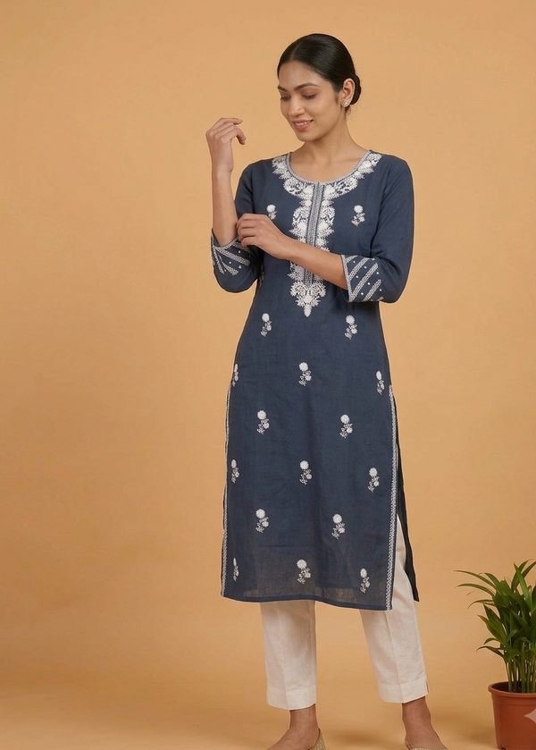 Blue Embroidery Cotton Kurta